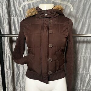 Say What? Brown Puffer Jacket with Faux Fur Hood